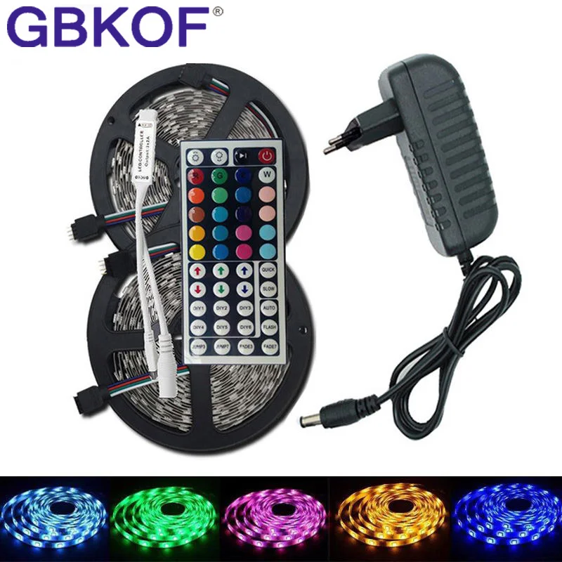 GBKOF SMD RGB Светодиодная лента светильник 5050 2835 10 м 5 м светодиодный светильник RGB светодиодный s Лента Диодная лента гибкий контроллер DC 12 В адаптер Комплект