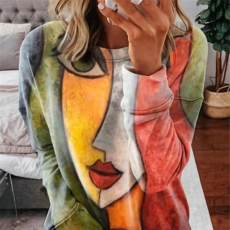 

Vintage Loose Abstract Beauty Print Oversized Crewneck Sweatshirt Women Pullover Long Sleeve Thin Fashion Top Casual Spring 2021