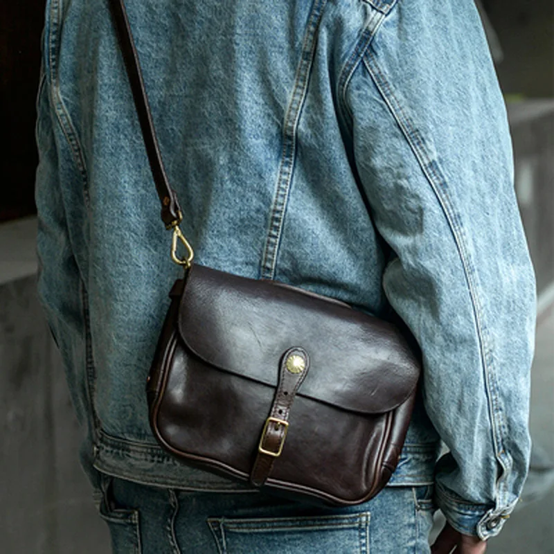 

New vegetable tanned cowhide handmade postman men and women retro leather shoulder bag simple horizontal crossbody bag