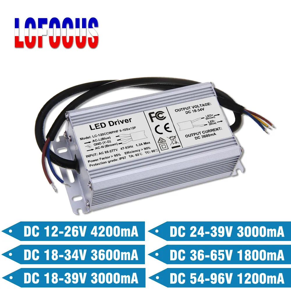 100W 120 W Светодиодный драйвер IP67 Водонепроницаемый 100 Вт Трансформеры 85 265V 3000mA 3600mA