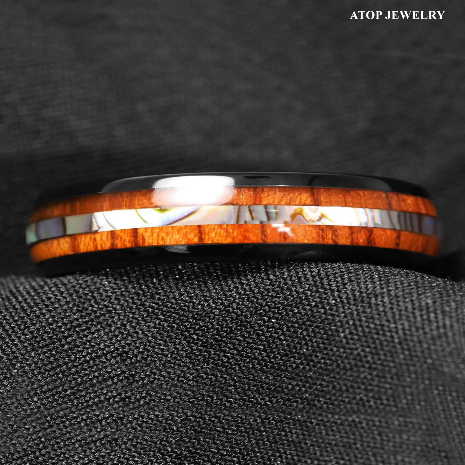 

8mm Black Tungsten Carbide Ring Acacia Abalone Top Wedding Ring ATOP Jewelry