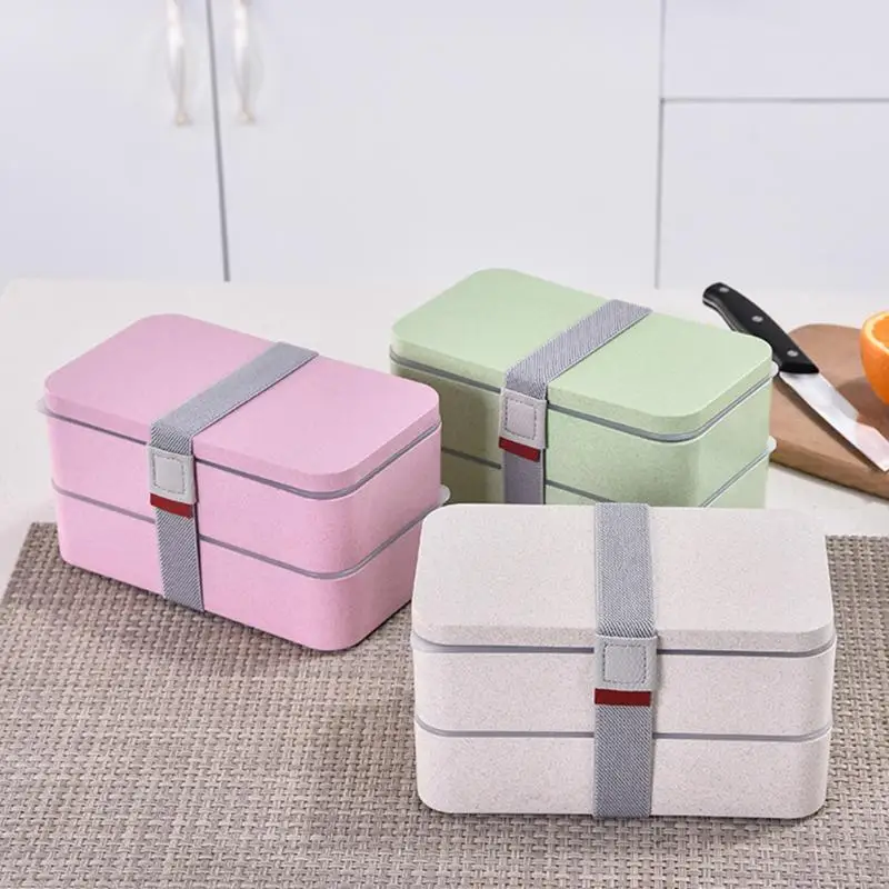 1200 мл Ланч бокс из пшеничной соломы с ложкой экологичные двухслойные бэнто боксы