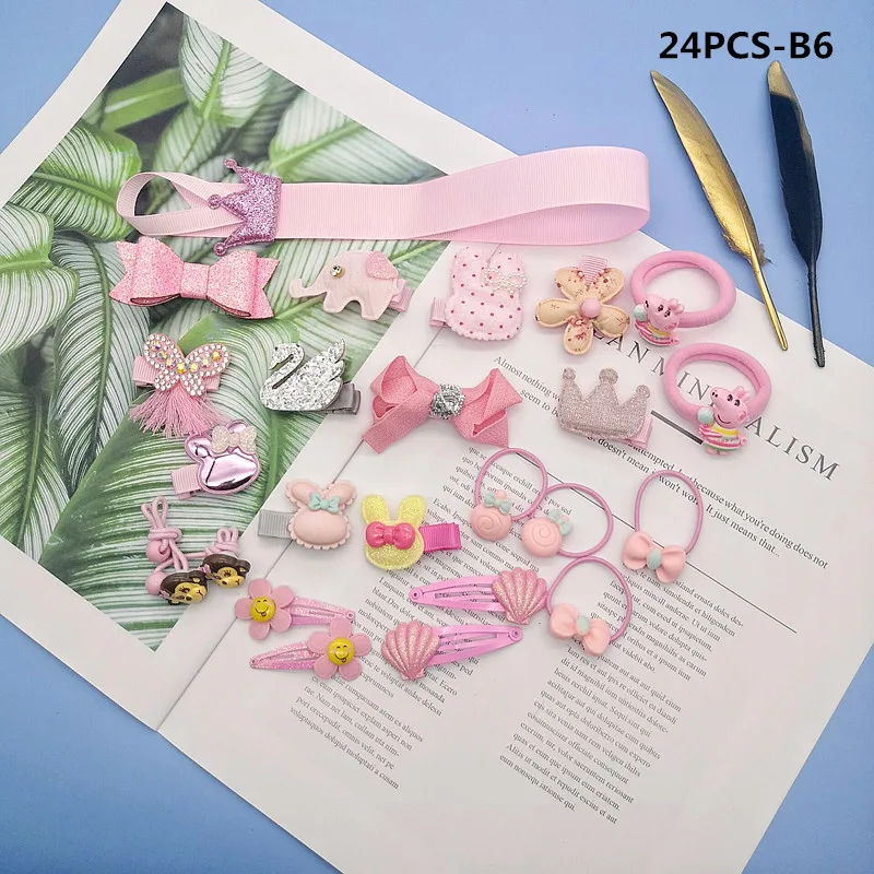 B6 24 шт./компл., Детские аксессуары для волос, корона, заколки для девочек в виде животных, заколка для волос в виде цветка с помпоном в виде звезды - Цвет: B6