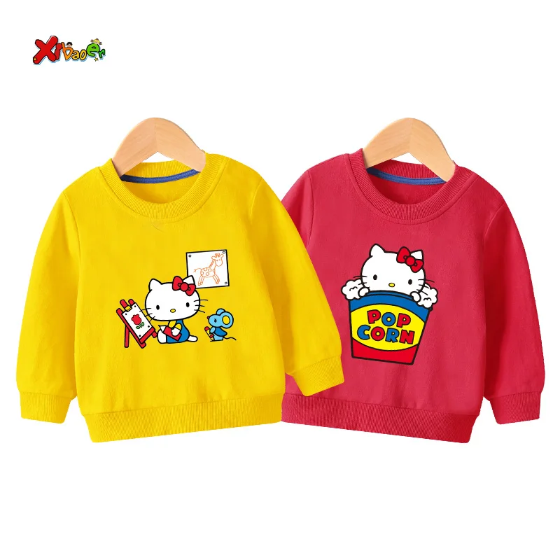 Свитшоты для маленьких девочек Футболка hello kitty г. Осенние толстовки для малышей, пуловер с длинными рукавами Модная одежда с героями мультфильмов красный, белый