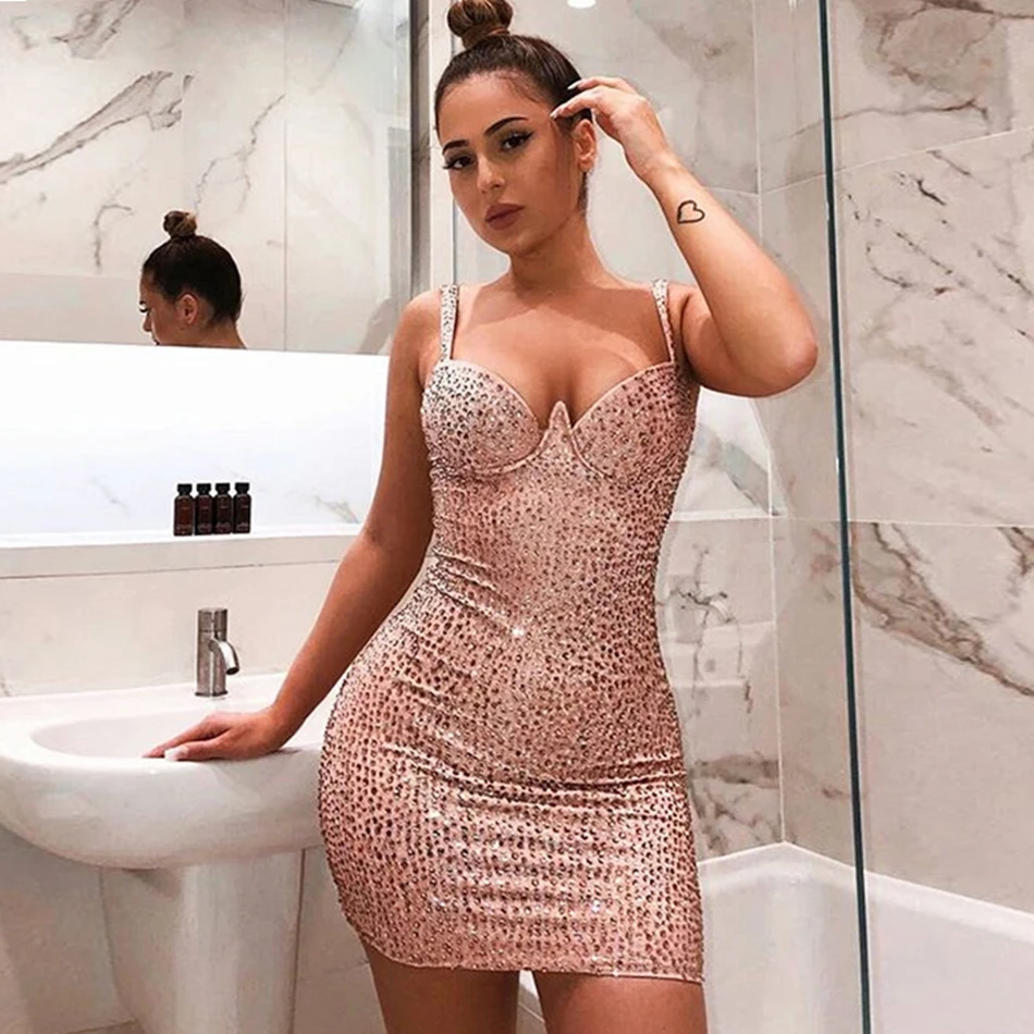 Женское Бандажное платье с бусинами Летнее мини-платье на тонких бретельках без