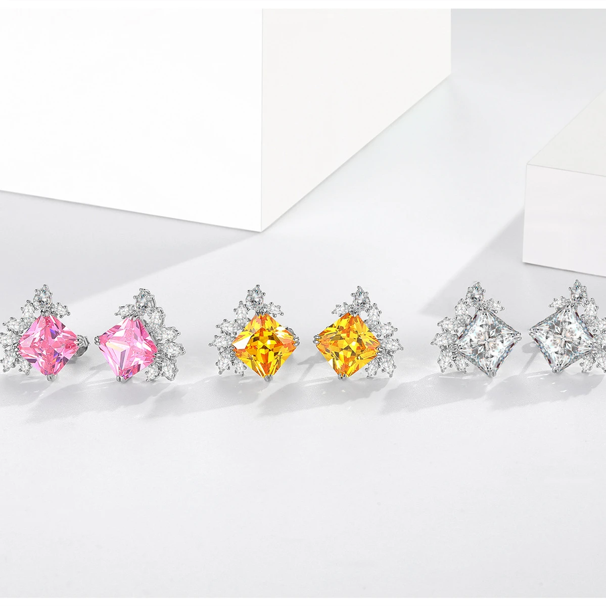 

Ms 925 sterling silver earrings square pink yellow zircon earrings contracted fashion jewelry lovers festival gifts