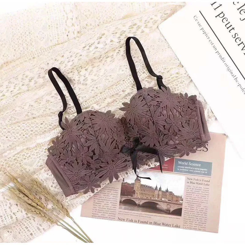 Flower Lace Brassiere Bra Underwear Women BH Lingerie Sexy Bralette Push Up Soutient Gorge AB Cup Female Intimates Wire Free New - Цвет: Dark Brown
