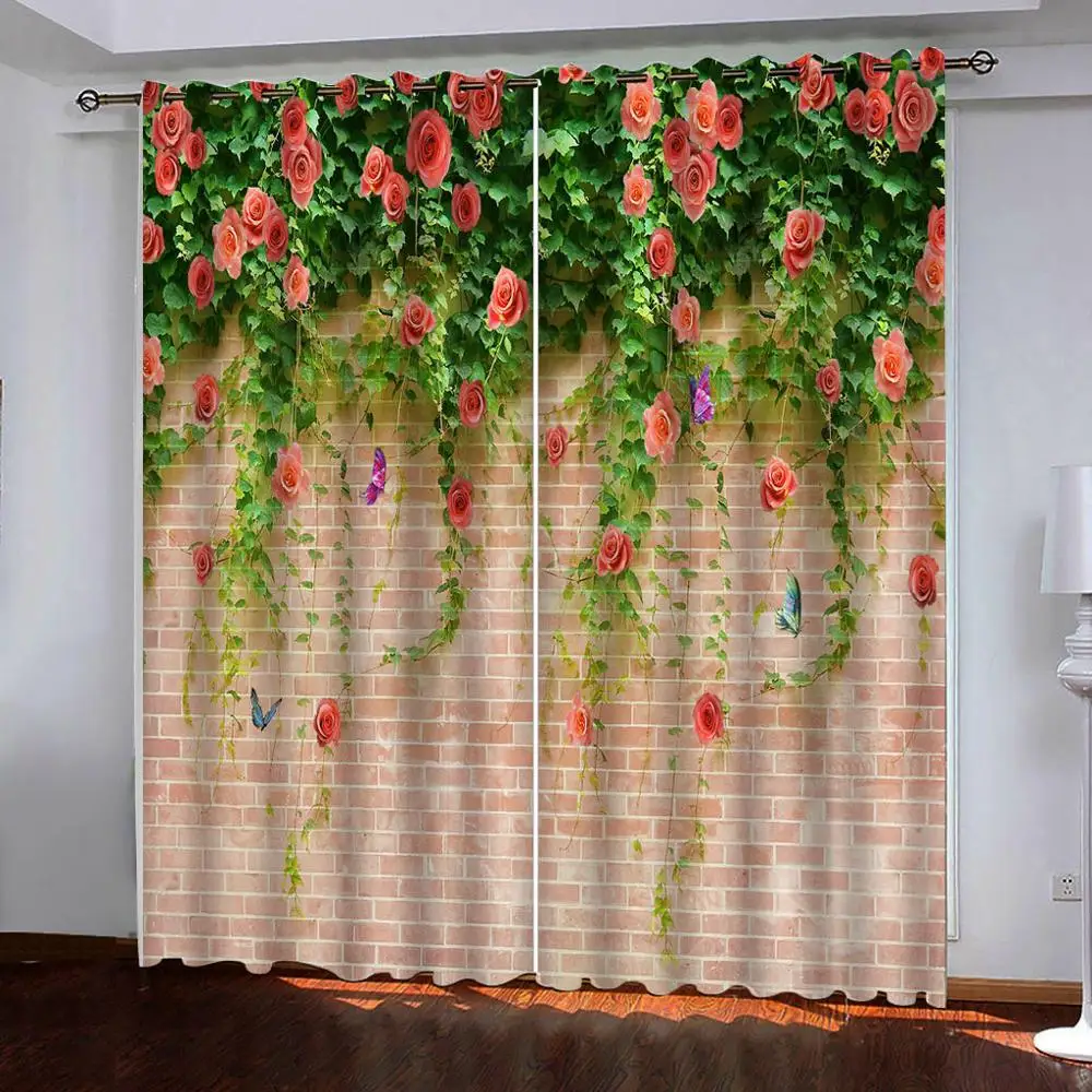 

Customized 3D Curtain Fashion Blackout Curtain Home Bedroom Decoration Red rose flower on brick wall Curtains For living room