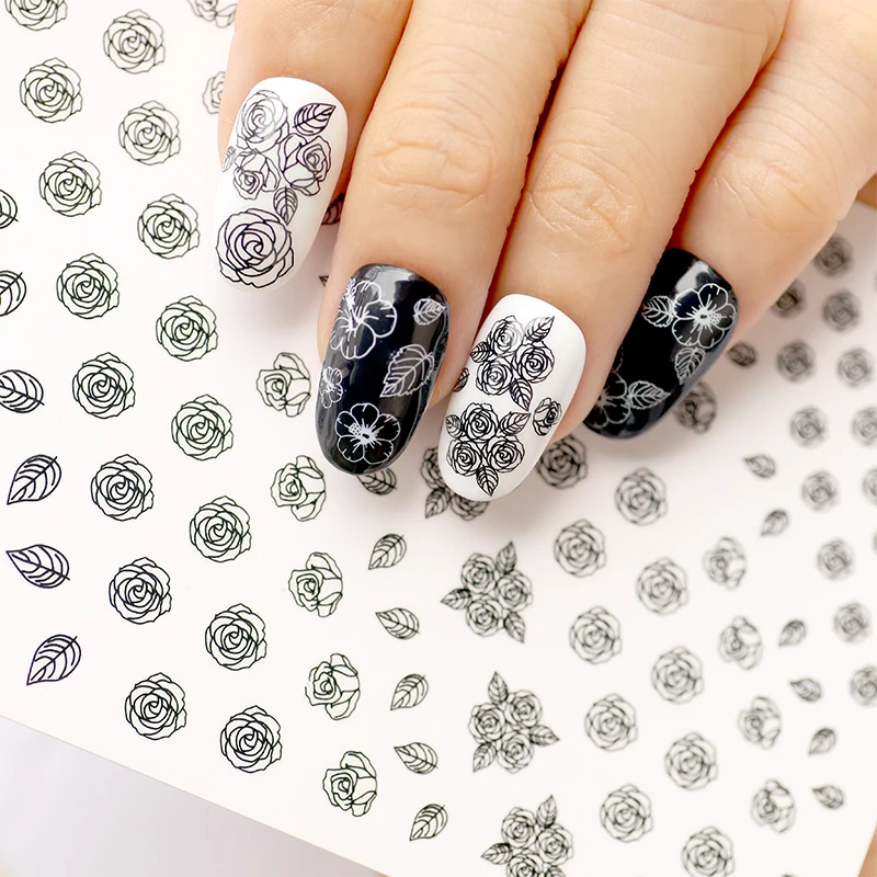 Эскиз розы тонкие 3D наклейки для дизайна ногтей прозрачное дно белый черный