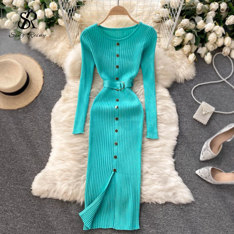 Женское эластичное трикотажное платье SINGREINY облегающее короткое с длинным