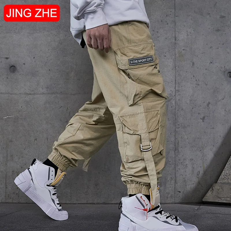 

JING ZHE Joggers Men Cargo Pants Streetwear Hip Hop Black Khaki Harem Pants 2021 Autumn New Pocket Casual Trousers for Men