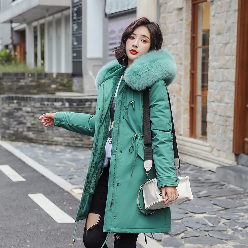 

Heavy Cotton Hat Imitation Collar Long Loose Solid Dames Jassen Winter Coat Women Manteau Femme Hiver Plus Size Keep Warm Parka