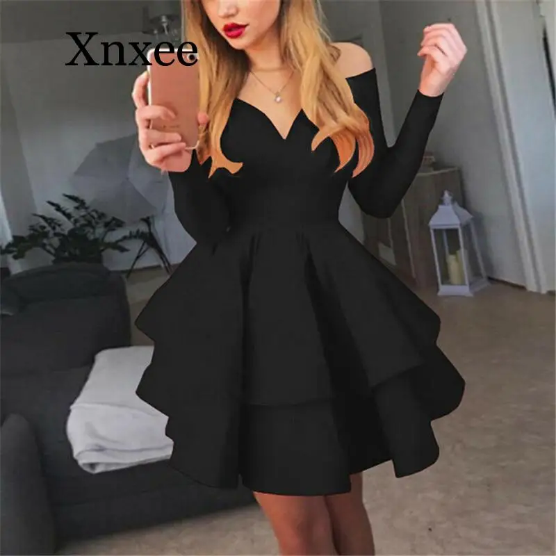 

Elegant Dress Sexy Women V Neck Off Shoulder Formal Evening Party Dress Long Sleeve Ladies Dresses Solid Color Womens Dresses