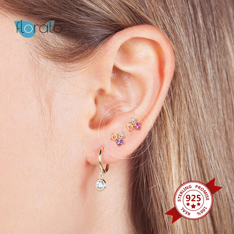 

925 Sterling Silver Korean Earring Rainbow Zircon Cartilage Stud Earrings For Women Couple Lovers' Bling CZ Luxury Fine Jewelry