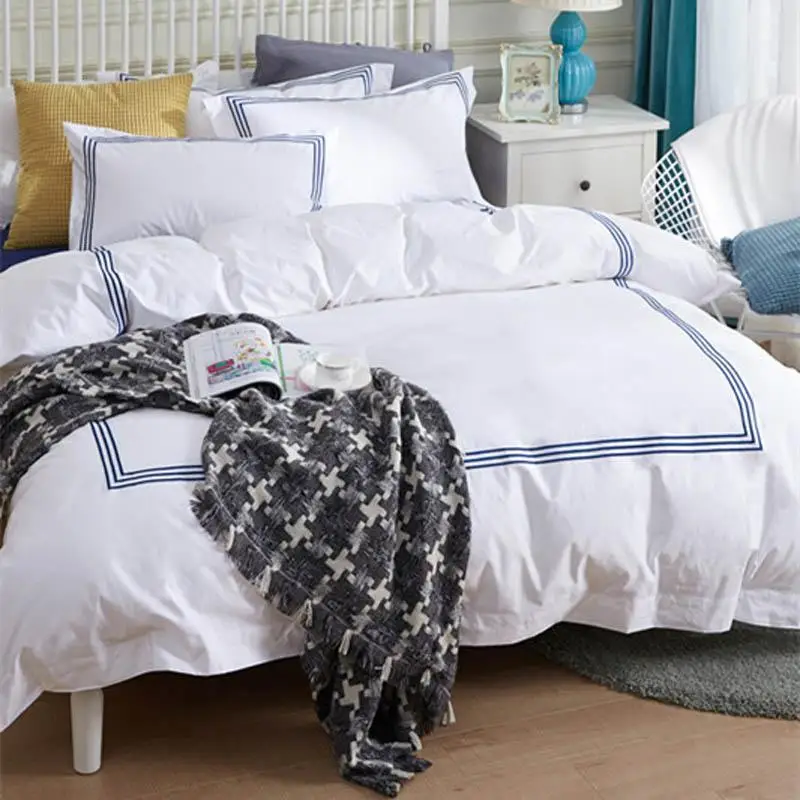 

50 Luxury 100% Egypt Cotton White Embroidery 5 stars Hotel Bedding Set Long-staple cotton Satin Strip Bed Line duvet cover sheet