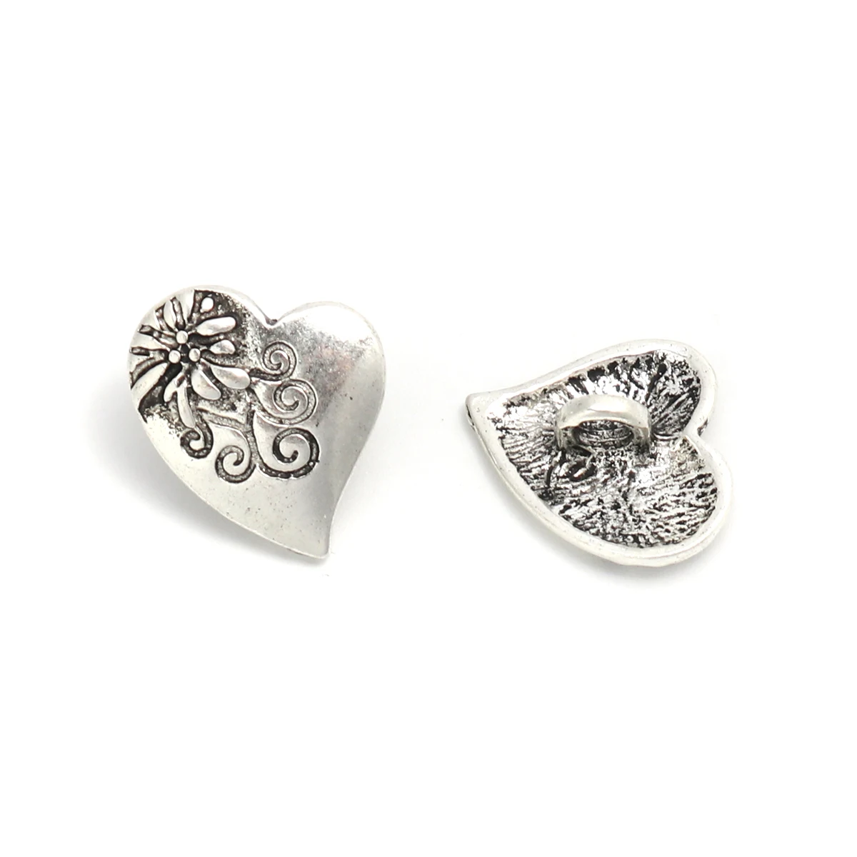 

10 PCs Zinc Based Alloy Flower Carved Heart Metal Sewing Shank Buttons Antique Silver Color 20mm x 17mm Clothing Accessories