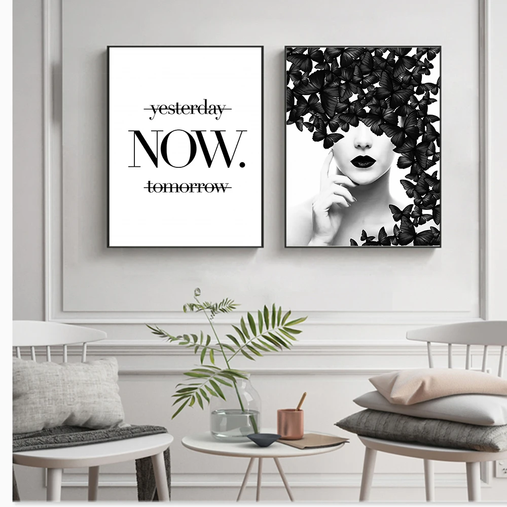 

Nordic Quote Poster Black White Butterfly Woman Wall Art Canvas Prints Wall art Modern Paintings for room decor for wall