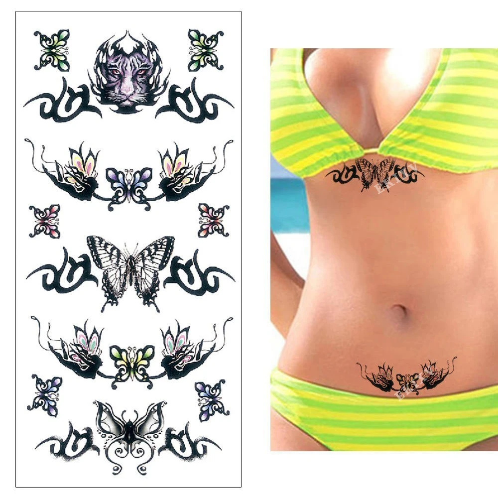 Watercolor temporary tattoo stickers Red blue rose lotus lily Waterproof sticker Flower butterfly Woman body Sexy | Красота и
