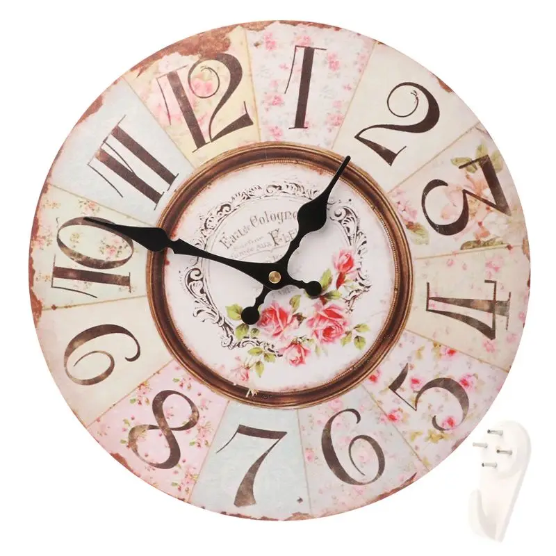 

12 Inch French Vintage Style Wall Clock Shabby Chic Floral Patchwork Battery Operated Silent Non-Ticking Digital Quiet Sweep