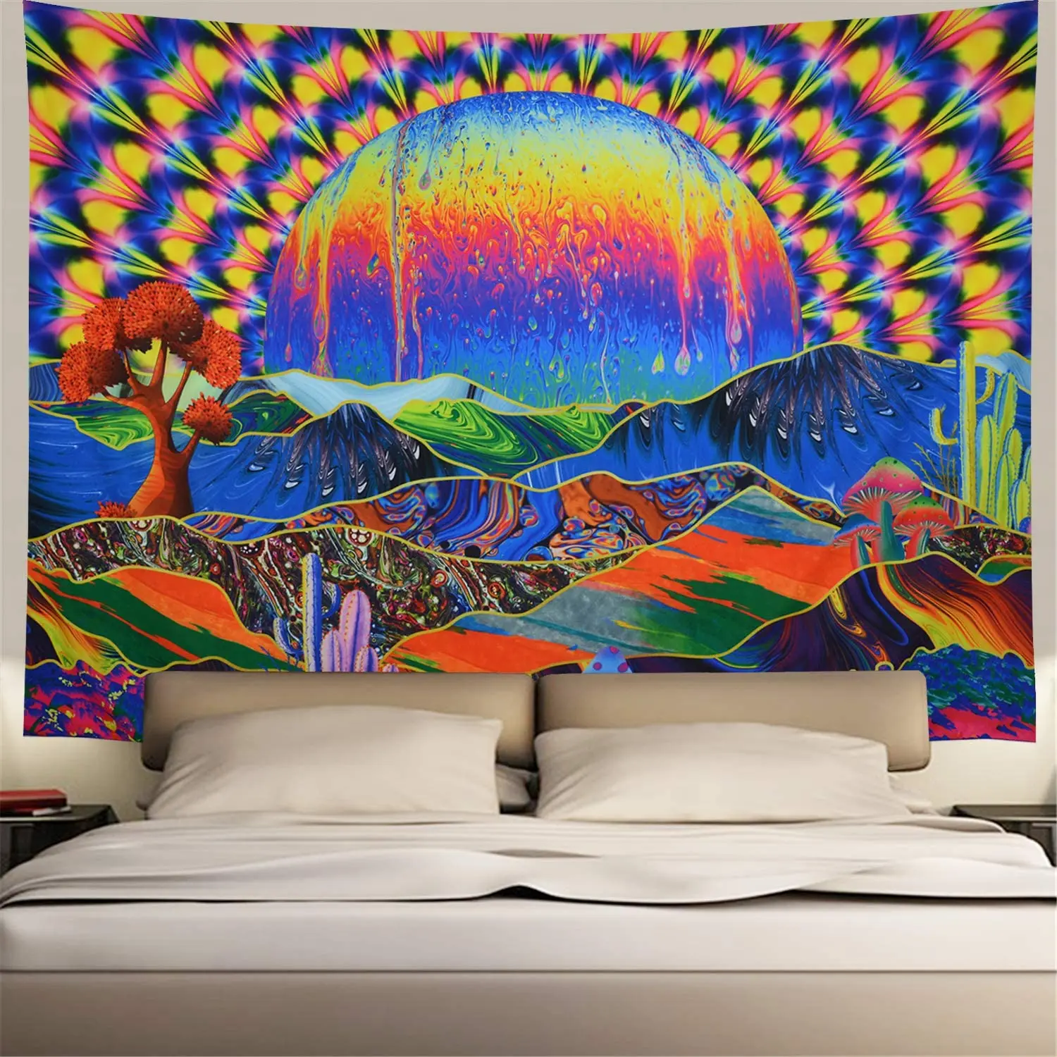 

Trippy Planet and Mountains Psychedelic Mushrooms Cactus Wall Hanging Tapestry