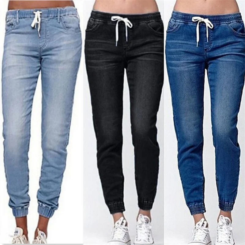 

Модные джинсы с эластичным поясом, женские брюки, однотонные прямые брюки-карандаш, джинсовые брюки, женская одежда, повседневные брюки