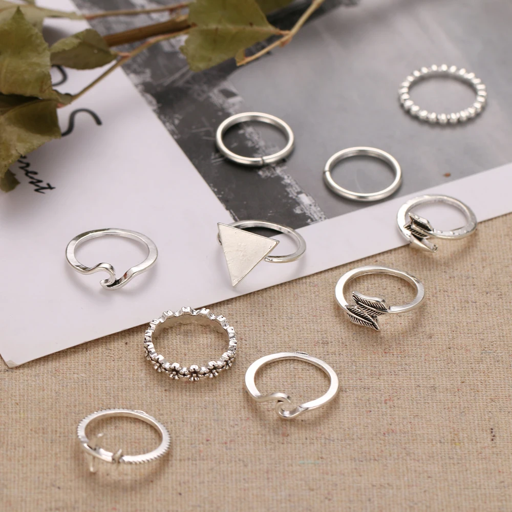 9 шт./компл. винтажное серебряное треугольное кольцо с геометрическим рисунком