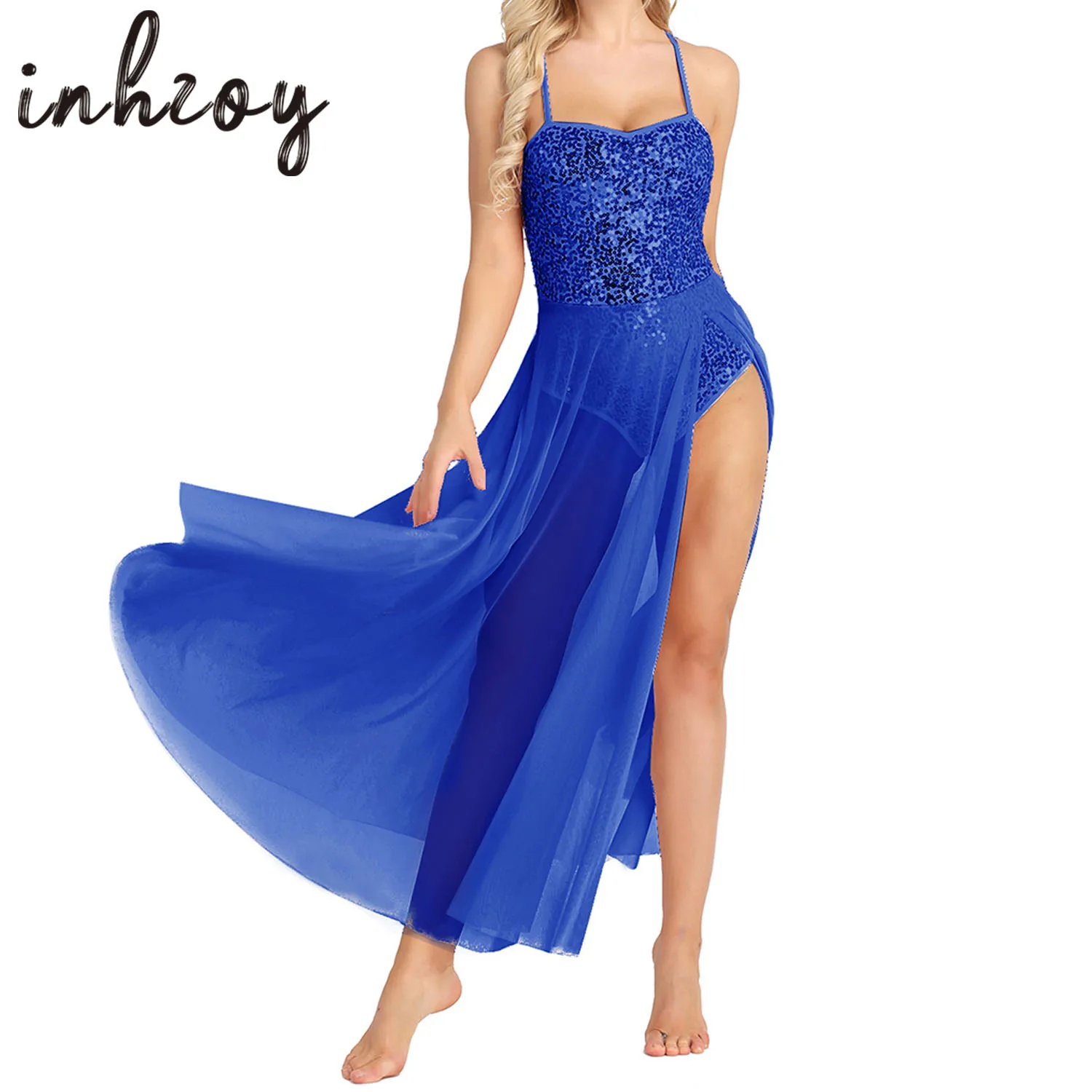 

Women Lyrical Sequins Dance Dress Ballet Leotard Flowy Split Skirt Dancewear