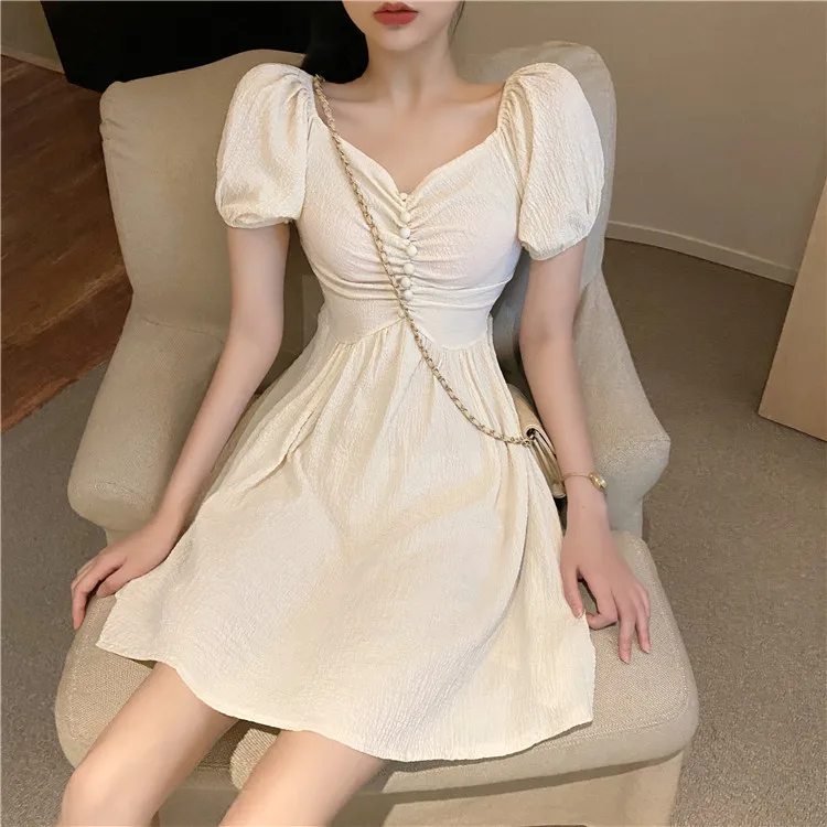

Elegant V Neck Short Sleeve Dress Women Solid Color Slim Waist Summer Dresses Female Korean Fashion Vestidos