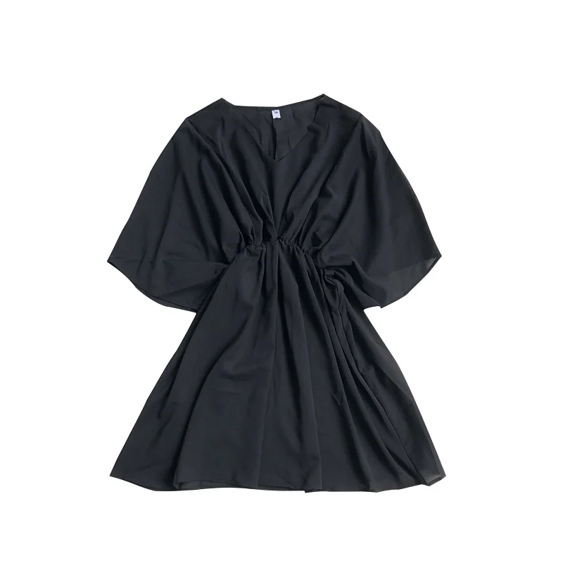 

KIMUTOMO Summer 2021 New Vintage Dress Women V-neck Batwing Sleeves Slim High Waist Solid Color Vestido Elegant Casual