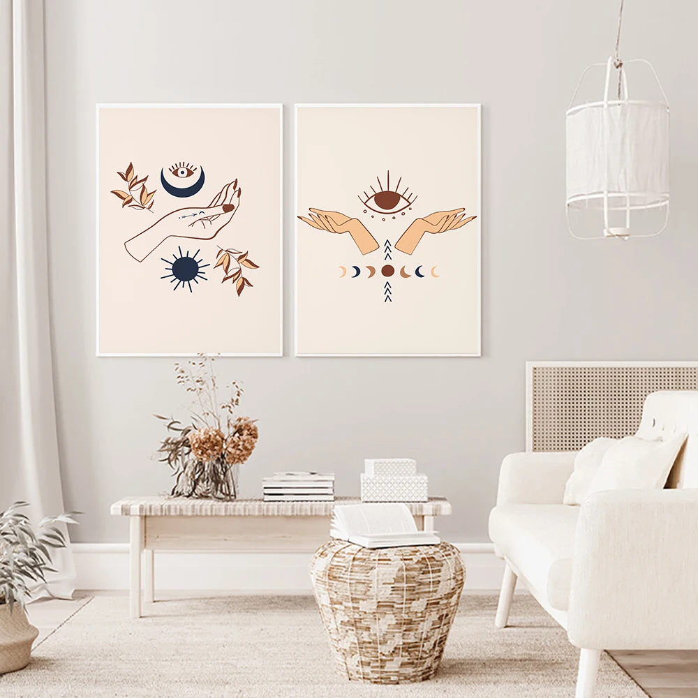 Абстрактная мистическая ручка солнце луна пейзаж бохо холст живопись настенные
