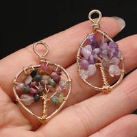 reiki healing tourmaline pendant natural gravel beads gold color wire wrap tree of life crystal charms for diy necklace jewelry