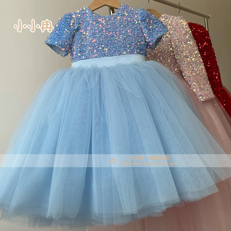 Blue Dress Cute Infant Girls Dresses Sequins Children Birthday Dress Kids Clothes Christmas Dress Pageant Gown