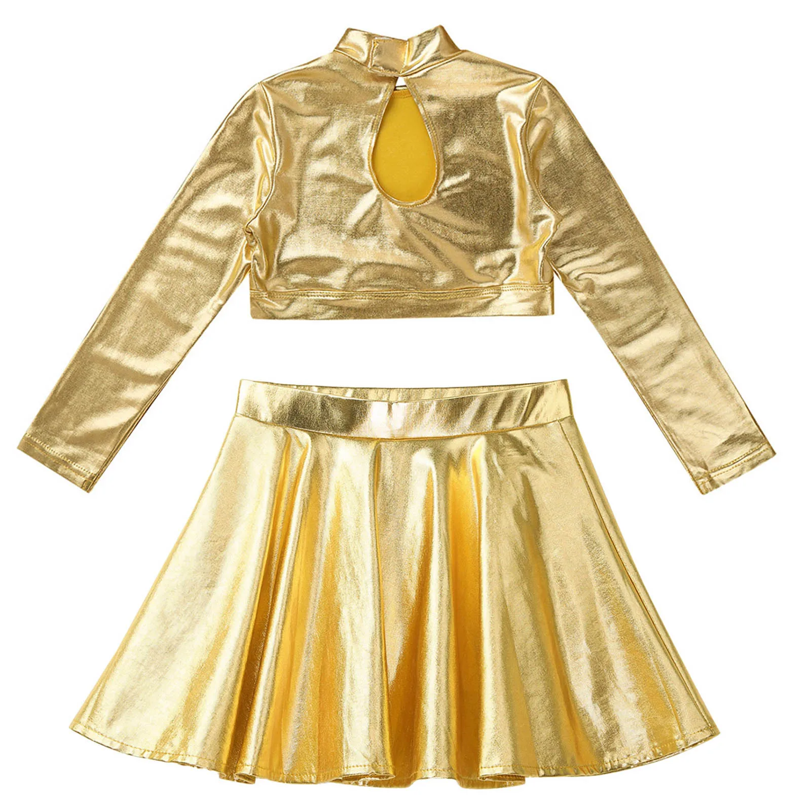 Kids Girls Ballet Dancewear Glossy Metallic Long Sleeves Dance Crop Top With Pleated Skirt Dance Sets Workout Gymnastics Outfits
