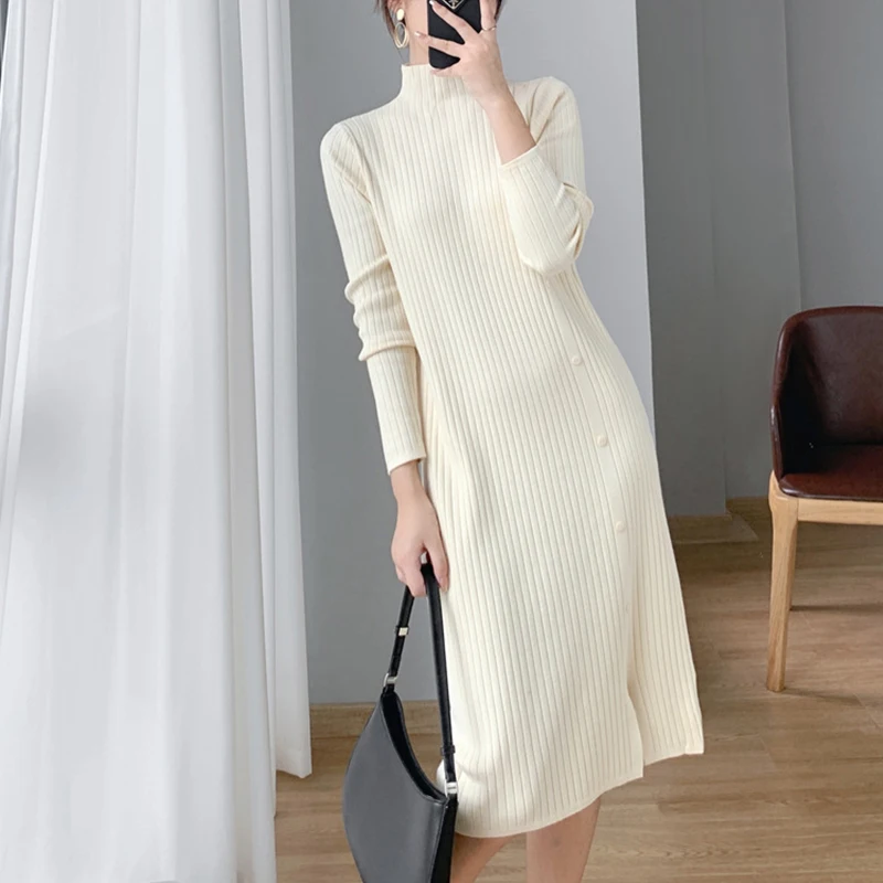 2021 autumn winter new casual inner knitted slit dress loose Mock neck midi long a-line black sweater dress women with coat