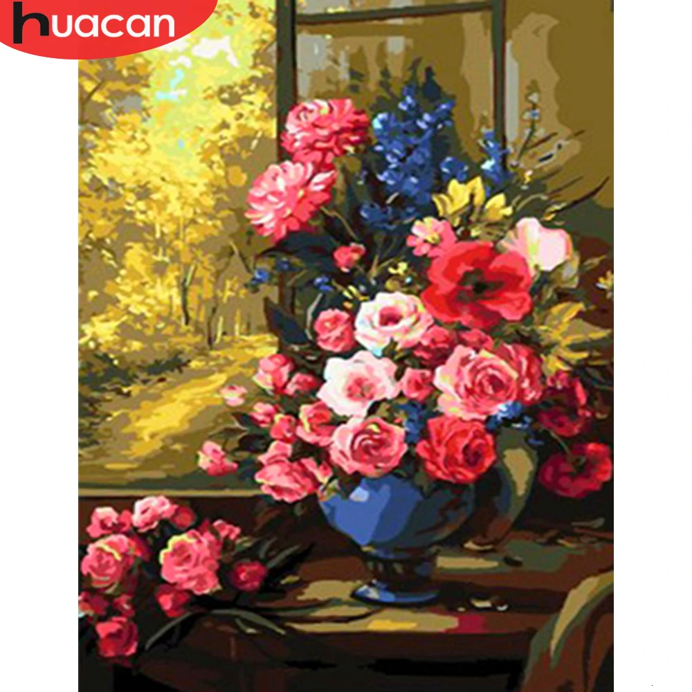 HUACAN живопись маслом по номерам цветы в вазе наборы Рисование холст ручная