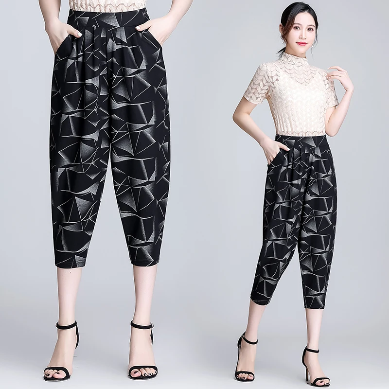

Plus Size Women Summer Elastic Waist Loose Casual black Print Harem Pants Women's Pocket Cropped trousers