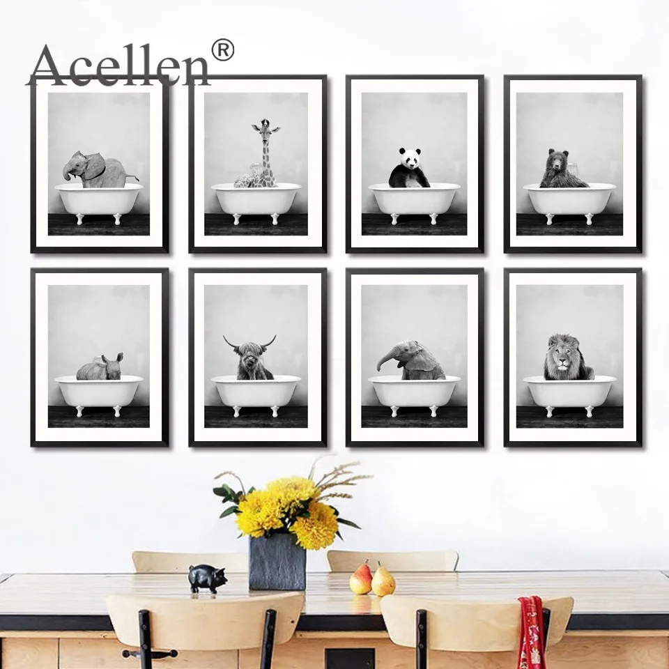 Детское животное в ванной постер панда жираф слон лев свинья корова