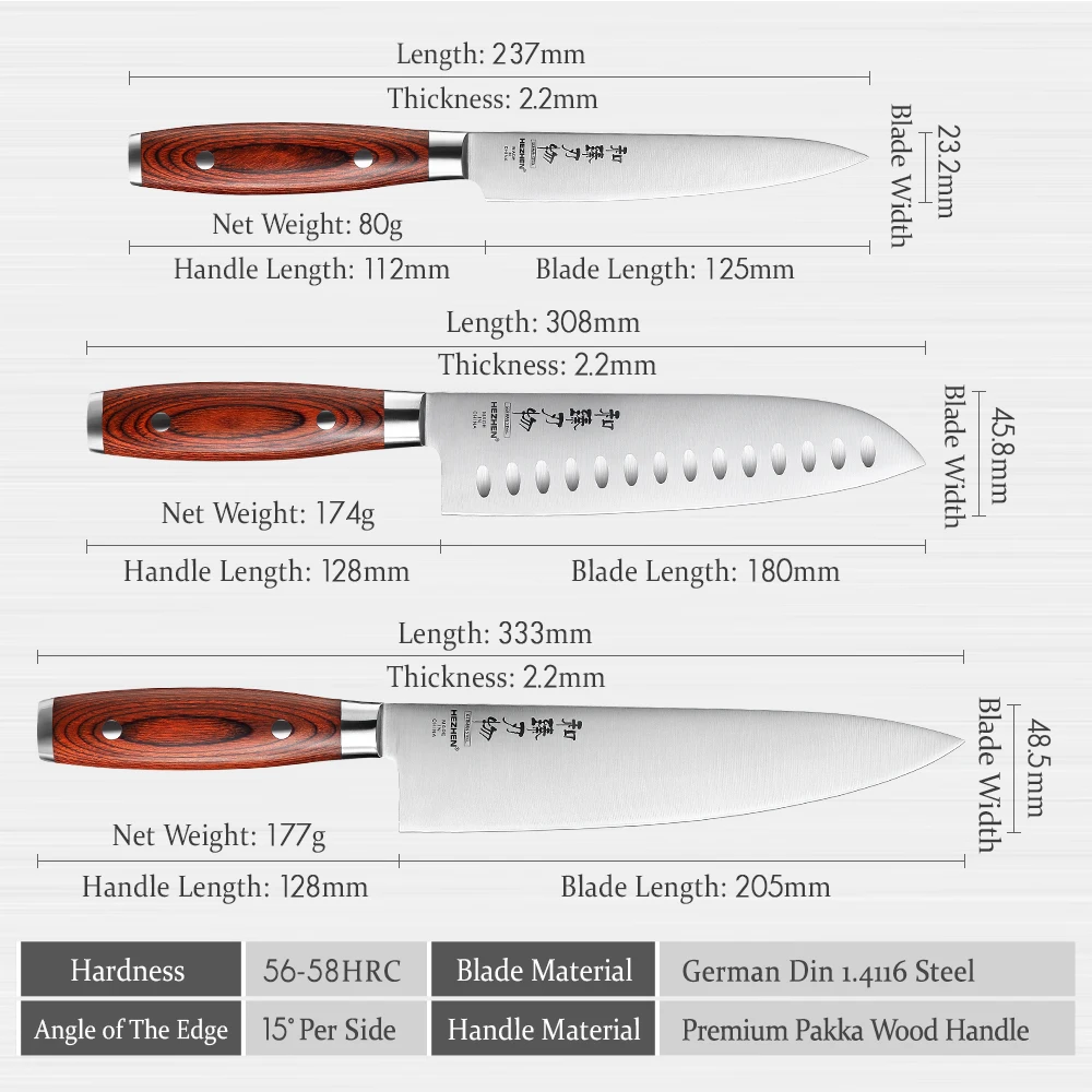 HEZHEN Basic Series 1-3 шт набор ножей Chef Santoku Utility из нержавеющей стали Pakka кухонный