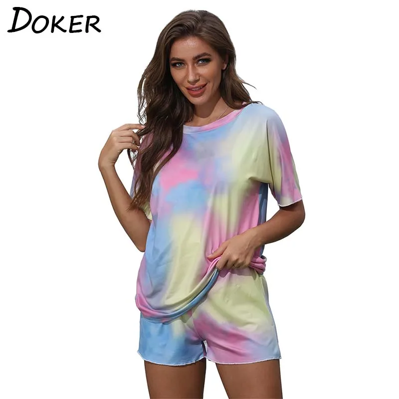 

Tie-dyed O-Neck Casual Short Sleeve Tops Shorts Lacing Two-piece Suits Women Loose And Comfortable Breathable Suits