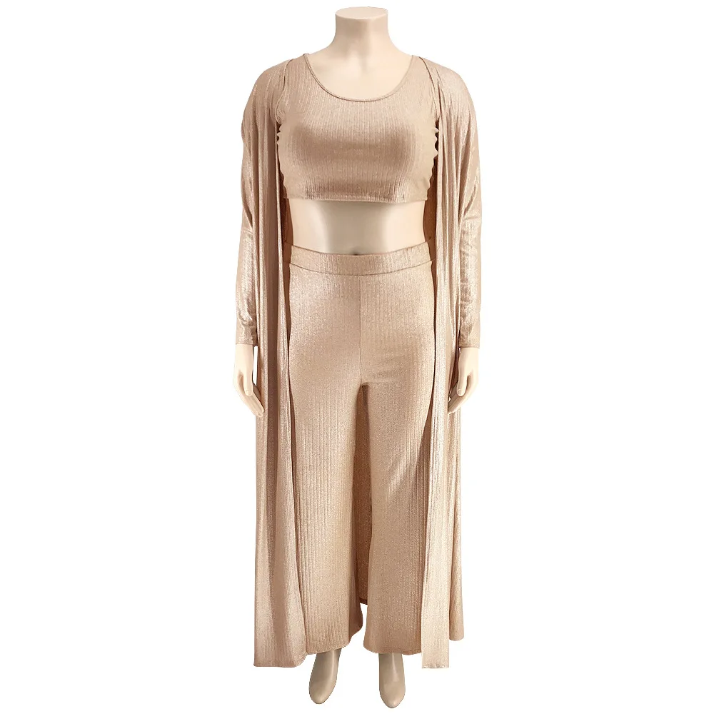 

Plus Size xl-5xl 3 Pieces Set Crop Vest + Cloak Coat + Long Wide Pants Solid Elastic Outfit Casual Winter For Women