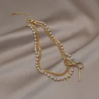 Классическая металлическая подвеска в виде банта, роскошное жемчужное ожерелье для женщин, необычная бижутерия двойного стиля, подарочные аксессуары