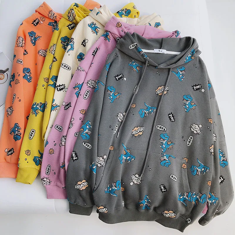 

New Spring Autumn Casual Loose Dinosaur print Sweatshirts Women student Cartoon Hoodies Pullover Long Sleeve Cotton Coats