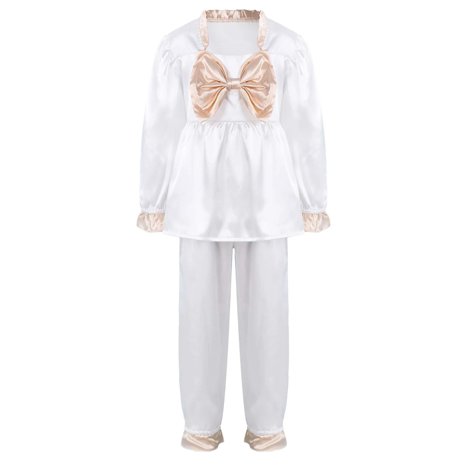 

Комплект атласной пижамы для девочек из 2 предметов, одежда для сна из вискозы с длинным рукавом, с оборками и манжетами, с бантом спереди