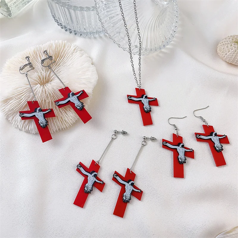 

2021 New Cross Jesus Acrylic Earrings Exaggerated Big Red Dangle Earrings for Women Men Night Club Street Party Jewelry