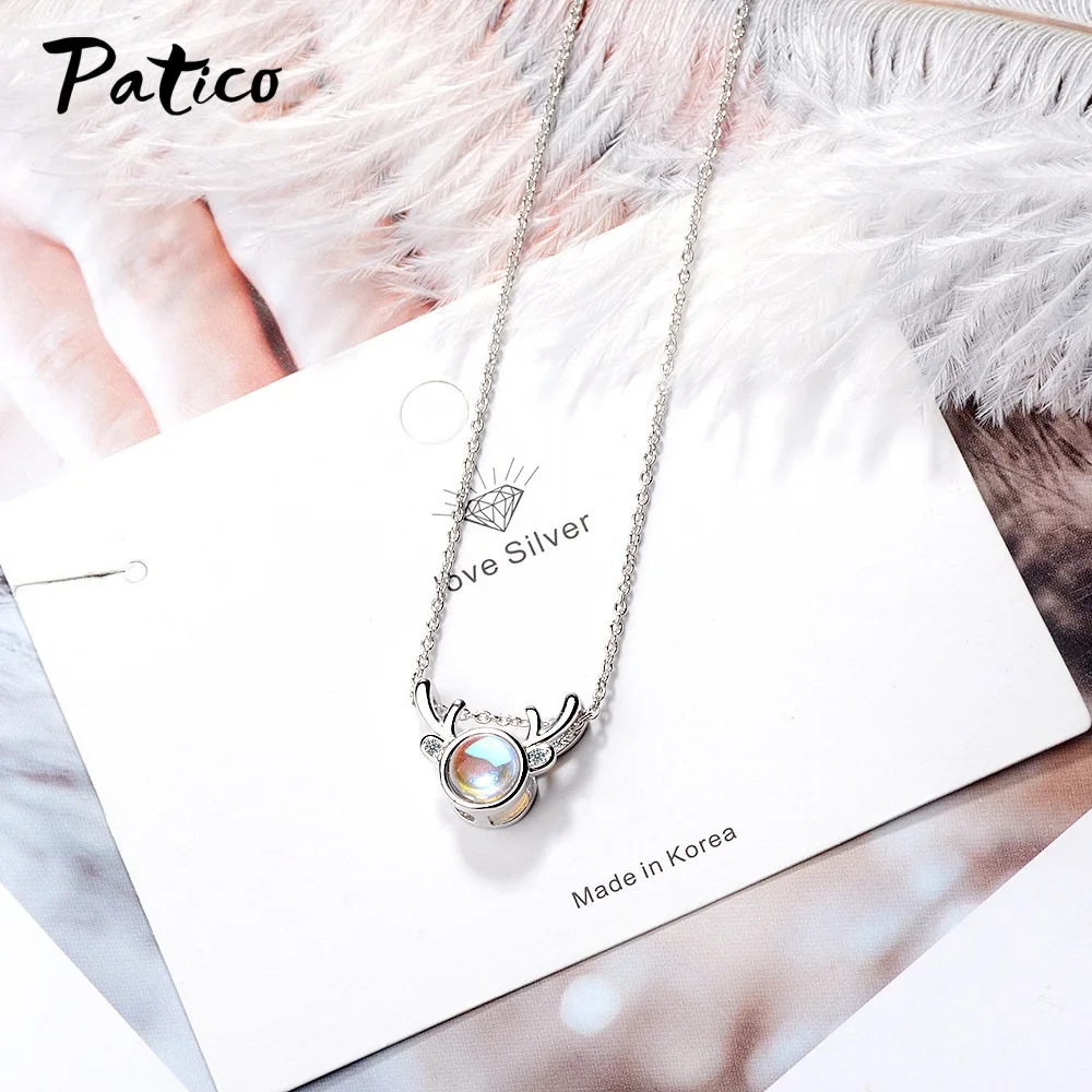 

New Statement Moonstone Deer Pendant Necklaces For Women Girls Fashion 925 Sterling Silver Jewelry Short Clavicle Chain