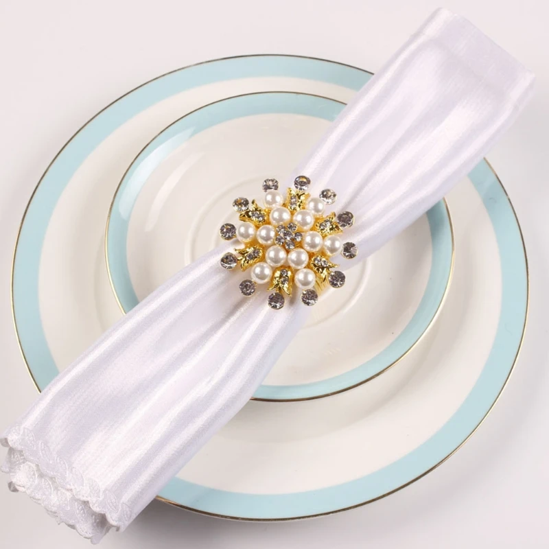 

X37B 6 Pieces Napkin Rings Napkin Buckle Holder Household Christmas Dinner Delicate Serviette Buckles Pearl Rhinestone Design