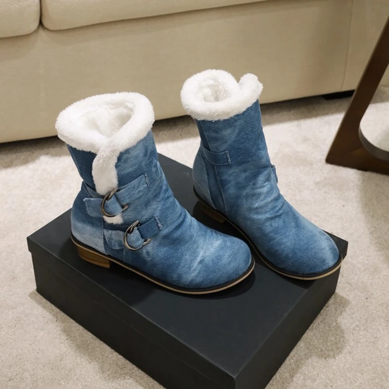 ASILETO Winter Warm Mid-Calf boots Round toe Block Heels Denim Buckle Strap Ethnic Big size 34-48 Black Blue Navy Casual A3165 | Обувь