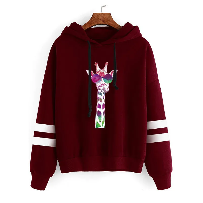 

Women Hoodie Colorful Giraffe Printed Hoodies Women Double Striped Long Sleeve Fleece Sweatshirt with Hat Girls Pullovers Winter