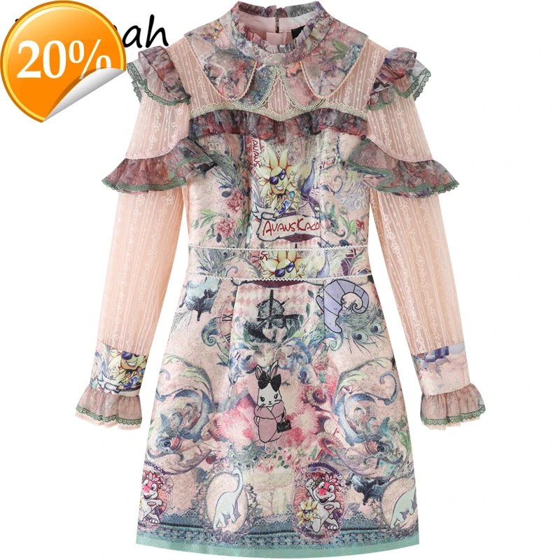 

Spring Women Fashion Designer Party Short dress Flare sleeve Shoes Vintage lace Printed ladies A-line Vestidos