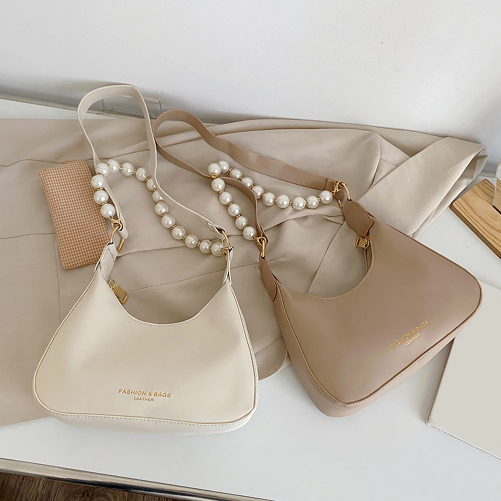 

Fashion Women Pearl Chain Shoulder Bags Solid Color PU Leather Underarm Bag Casual All-match Ladies Small Hobos Handbags Purses